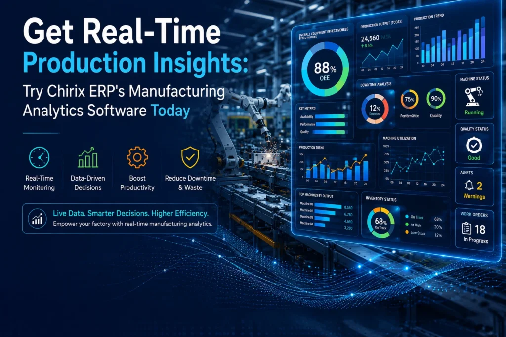 Real-time manufacturing analytics software dashboard displaying production output and downtime tracking on a factory floor screen