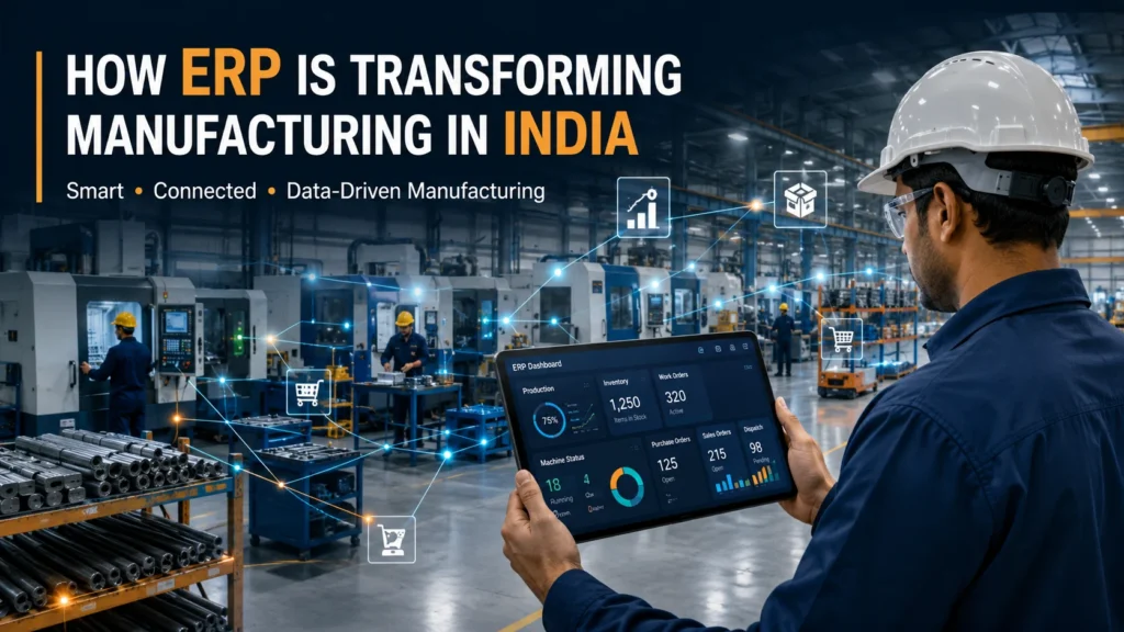 ✅ FINAL IMAGE GENERATION PROMPT Create a premium, photorealistic 16:9 hero banner for a B2B SEO blog titled: “How ERP Is Transforming the Manufacturing Industry in India.” Scene Description: A modern Indian SME engineering manufacturing factory interior with a clean, organized, high-tech environment. The factory includes CNC machines, milling machines, turning machines, fabrication equipment, neatly arranged raw material racks, and structured workstations. Skilled Indian engineers wearing proper industrial safety gear are actively working on the shop floor. Foreground Focus: A professional plant manager / manufacturing engineer stands in the foreground holding a tablet. The tablet displays a modern ERP dashboard with clear KPIs such as: Production Inventory Work Orders Machine Status Purchase Orders Sales Orders Dispatch Digital Connectivity: Subtle glowing digital data lines connect machines, inventory racks, and production stations to the ERP dashboard, visually representing real-time data flow across the factory. Style & Lighting: Premium B2B SaaS aesthetic Photorealistic industrial photography style Clean, organized factory environment Subtle futuristic technology overlay (not sci-fi heavy) High-end corporate advertising look Cinematic industrial lighting Color Palette: Deep navy blue, steel grey, white, and amber-orange accents. Text Overlay (Minimal, Professional): Main Title: HOW ERP IS TRANSFORMING MANUFACTURING IN INDIA Subtitle: Smart • Connected • Data-Driven Manufacturing Constraints: Do NOT overcrowd the image No logos, no brand names, no fake company identities No excessive icons or UI clutter No exaggerated sci-fi elements Keep typography clean, modern, and highly readable Output Specs: Resolution: 1600 × 900 px Aspect Ratio: 16:9 Ultra high detail, marketing-grade quality If you want, I can also: ✅ Generate a Midjourney v6 version ✅ Create a DALL·E optimized shorter prompt ERP for the manufacturing industry in India